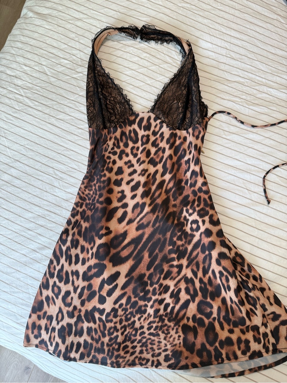 Leopard Satin Lace Halter Slip Dress - Black/Brown